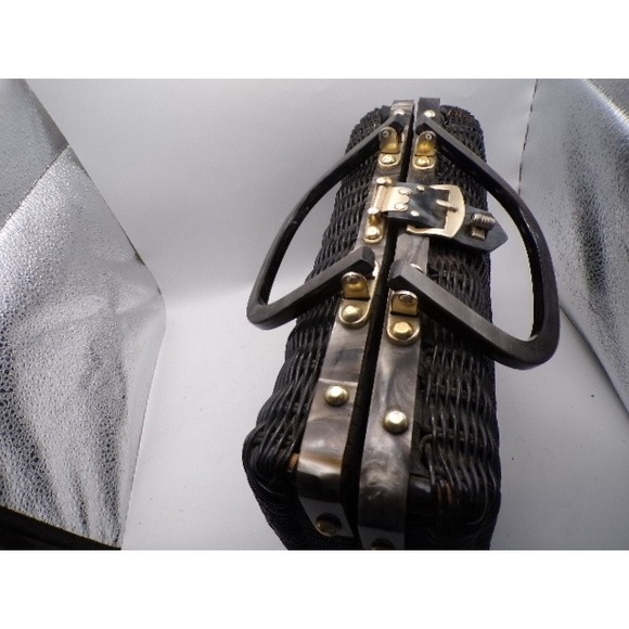 Vintage 50s Black Wicker Lucite Handle Handbag Made in Hong Kong Mid Century - Picture 3 of 6